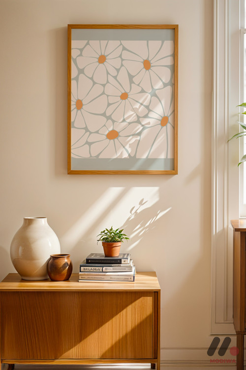 Minimal Papatya Deseni, Ahşap Çerçeveli Duvar Tablosu - Motivasyon Hediyesi