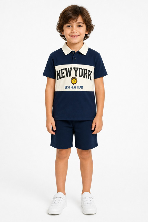 Erkek Çocuk Mavi Polo Yaka New York Tişört Yazlık Günlük Model