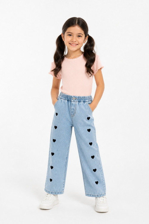 Kız Çocuk Kalp Nakışlı Jean