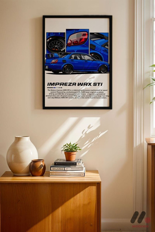 Subaru Impreza Wrx Stı Jdm Poster, Siyah Çerçeveli Duvar Tablosu - Oto Severlere Özel Hediye