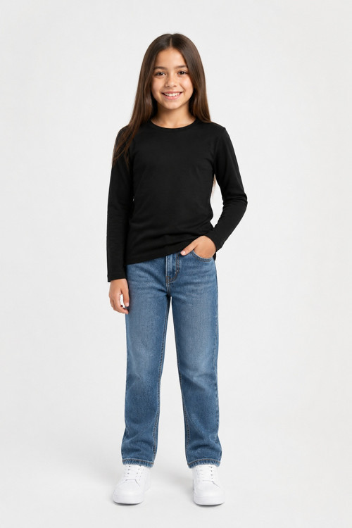 Düz Siyah Pamuklu Basic Uzun Kol Unisex