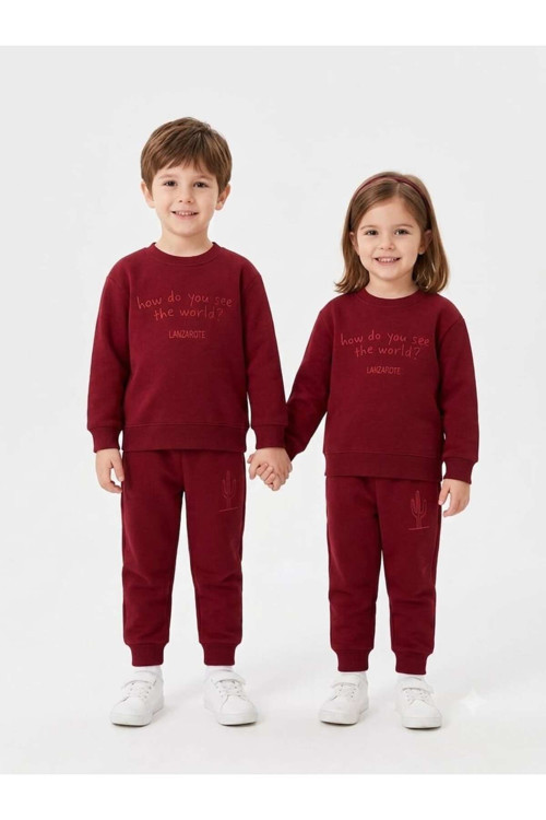 Unisex Çocuk Bordo Eşofman Takımı Günlük Rahat Kombin