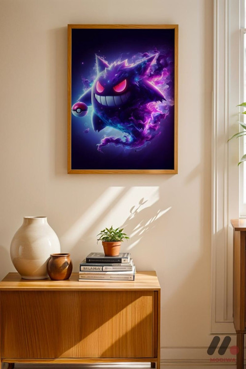 Pokemon Gengar Anime Poster, Ahşap Çerçeveli Duvar Tablosu - Anime Severlere Özel Hediye