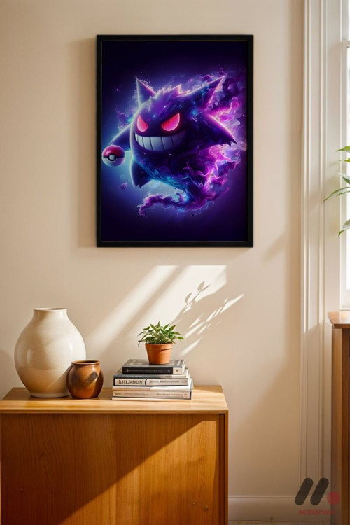 Pokemon Gengar Anime Poster, Siyah Çerçeveli Duvar Tablosu - Anime Severlere Özel Hediye