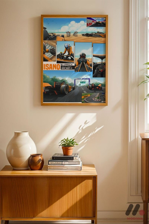 Misano Yarış Kolaj Afişi, Ahşap Çerçeveli Duvar Tablosu - Oto Severlere Özel Hediye