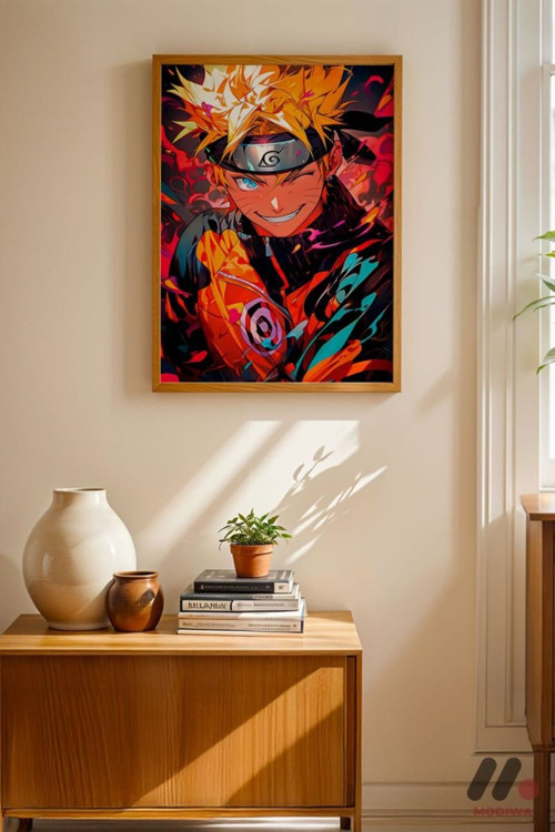 Naruto Ateş Efektli Anime Poster, Ahşap Çerçeveli Duvar Tablosu - Anime Severlere Özel Hediye