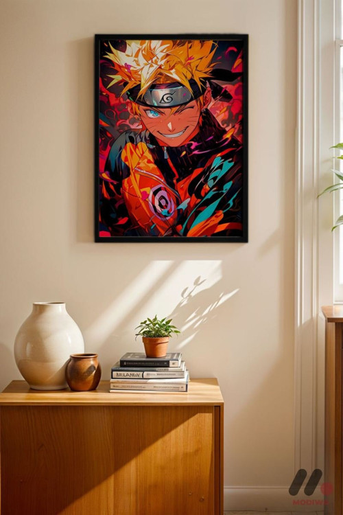 Naruto Ateş Efektli Anime Poster, Siyah Çerçeveli Duvar Tablosu - Anime Severlere Özel Hediye