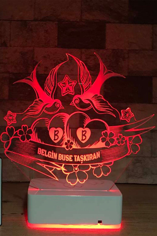 Sevgiliye Hediye Kişiye Özel Sen & Ben Ve Kuşlar 3D 16 Renk Dekoratif Led Lamba