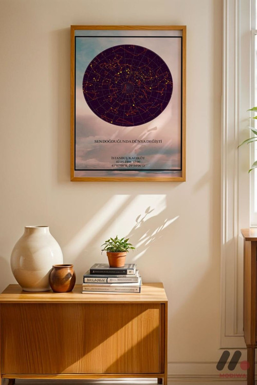 Kişiye Özel Yıldız Haritası Posteri Gün Batımı, Ahşap Çerçeveli Duvar Tablosu 21X30 Cm