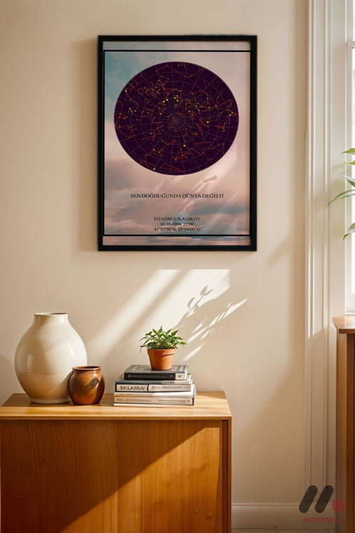 Kişiye Özel Yıldız Haritası Posteri Gün Batımı, Siyah Çerçeveli Duvar Tablosu 30X42 Cm