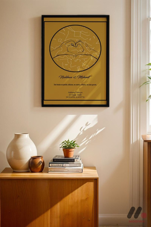 Kişiye Özel Yıldız Haritası Posteri Altın, Siyah Çerçeveli Duvar Tablosu 30X42 Cm