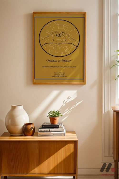 Kişiye Özel Yıldız Haritası Posteri Altın, Ahşap Çerçeveli Duvar Tablosu 30X42 Cm