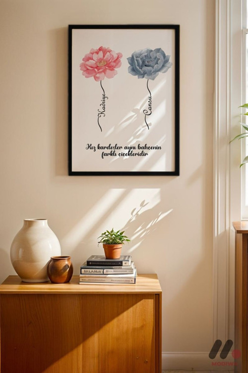 Kardeşlere Özel Çiçek İllüstrasyonlu Poster, Siyah Çerçeveli Duvar Tablosu 21X30 Cm