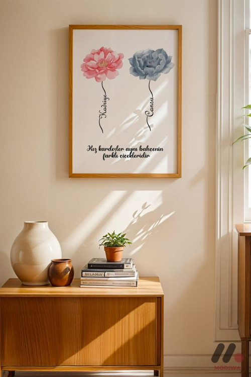 Kardeşlere Özel Çiçek İllüstrasyonlu Poster, Ahşap Çerçeveli Duvar Tablosu 21X30 Cm