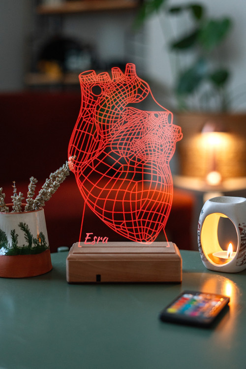 Doktorlara Hediyelik 3D Kalp 16 Renk Kumandalı Gece Lambası