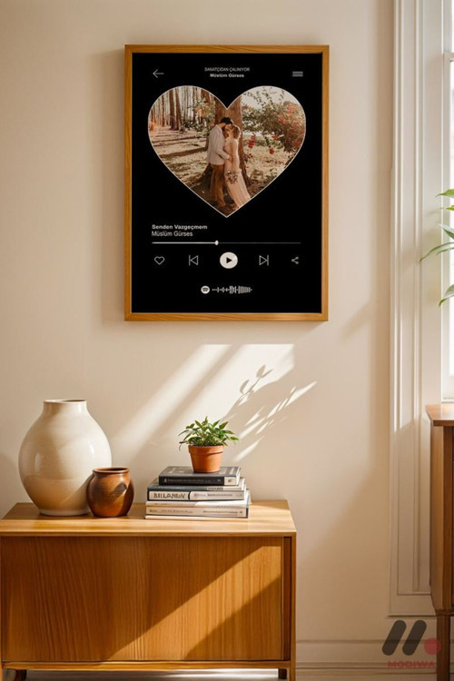Kişiye Özel Kalp Fotoğraflı Müzik Posteri, Ahşap Çerçeveli Duvar Tablosu 21X30 Cm