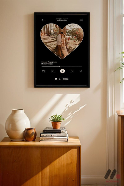 Kişiye Özel Kalp Fotoğraflı Müzik Posteri, Siyah Çerçeveli Duvar Tablosu 30X42 Cm