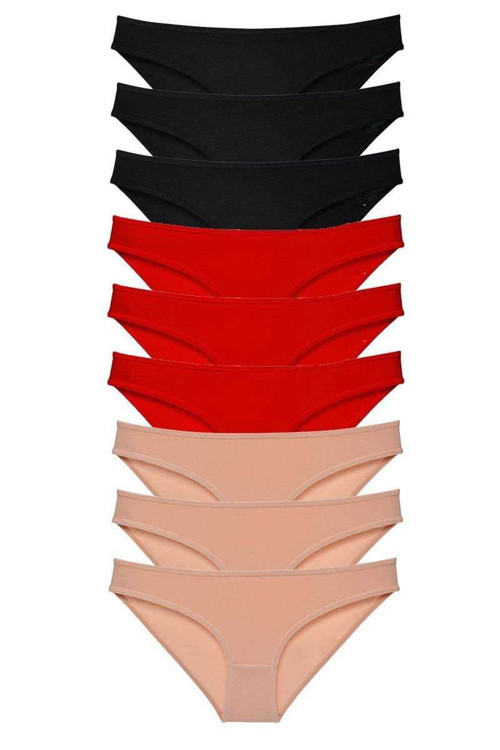 9 adet Süper Eko Set Likralı Kadın Slip Külot Siyah Kırmızı Ten mudanis — Beden: XL