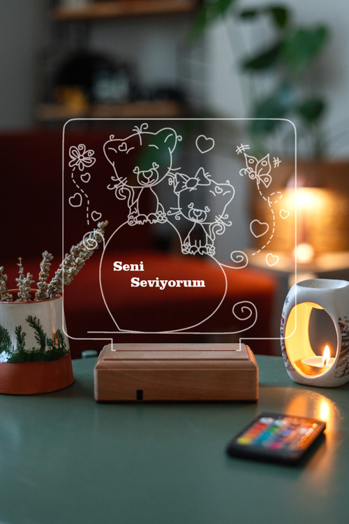 Kalp Ve Kedicik Dekoratif Led Lamba