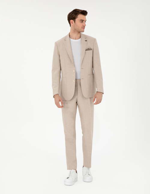 Açık Kahverengi Slim Fit Keten Karışımlı Pileli Pantolon 50306716-VR002