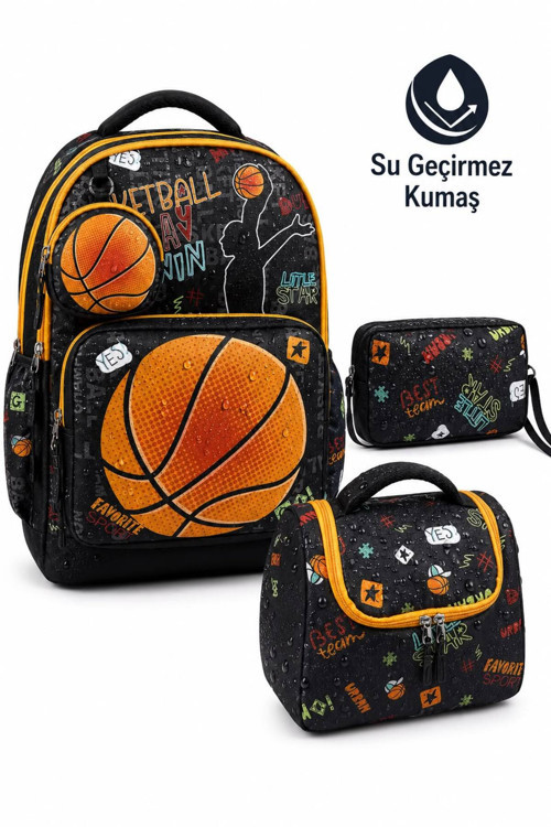 4'Lü Set, Erkek Çocuk Desenli İlkokul Su Geçirmez Okul Çantası + Beslenme Çantası + Kalemlik + Silgilik