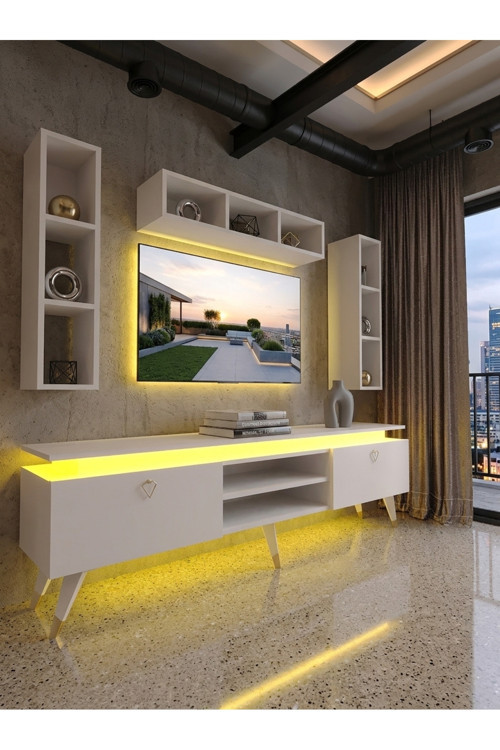 Karnaval Tv Ünitesi Ledli - Duvar raflı tv sehpası - Beyaz - GL3006-1 -180 cm