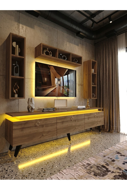 Karnaval Tv Ünitesi Ledli - Duvar raflı tv sehpası - Ceviz - GL3007-2 - 180 cm