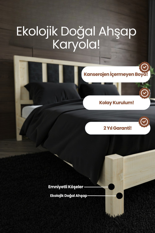 Ori̇on Model Lacivert Puf Başlıklı Masif Ahşap Karyola Kolay Kurulum Fırınlanmış İthal Sibirya Çamı 140x200 Yatak Uyumlu