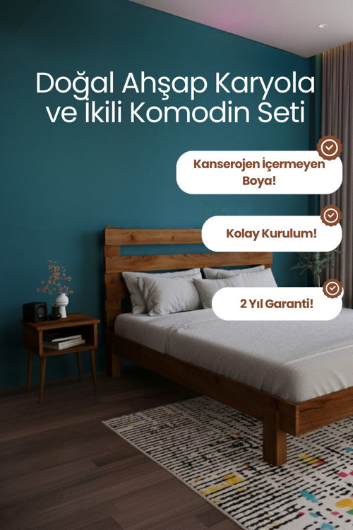Urban Model Masif Ahşap Karyola ve 2 Adet Komodin Kolay Kurulum Fırınlanmış İthal Sibirya Çamı 150x200 Yatak Uyumlu 2 Adet Komodin