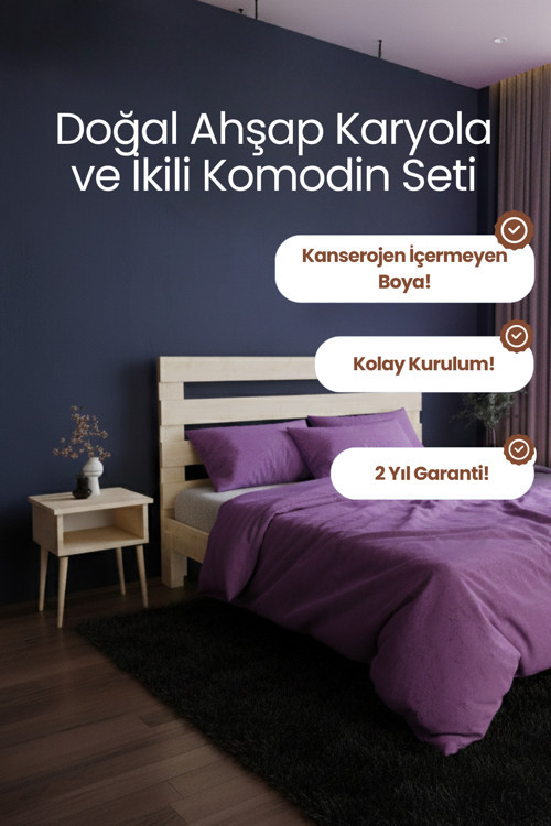 Urban Model Masif Ahşap Karyola ve 2 Adet Komodin Kolay Kurulum Fırınlanmış İthal Sibirya Çamı 200x200 Yatak Uyumlu 2 Adet Komodin