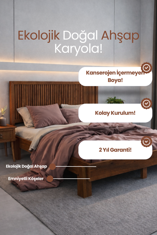 Alaz Model Yatay Başlıklı Masif Ahşap Karyola Kolay Kurulum Fırınlanmış İthal Sibirya Çamı 180x200 Yatak Uyumlu