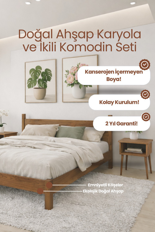 Mi̇rage Model Masif Ahşap Karyola ve 2 Adet Komodin Kolay Kurulum Fırınlanmış İthal Sibirya Çamı 90x190 Yatak Uyumlu 2 Adet Komodin