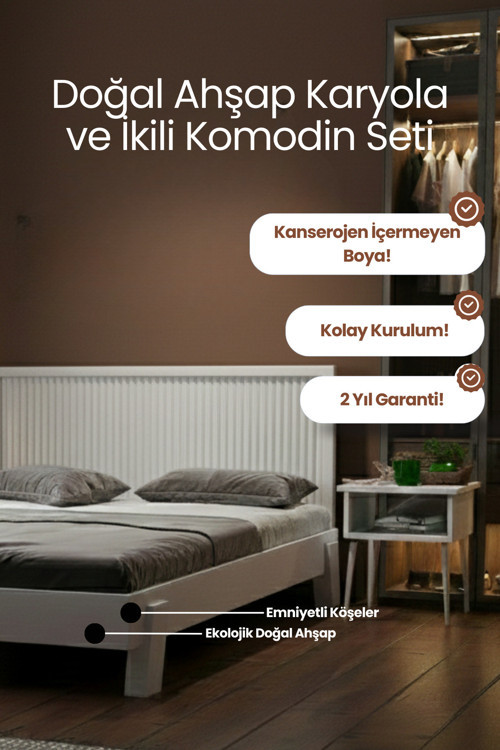 Ebruli̇ Model Dikey Başlıklı Masif Ahşap Karyola ve 2 Adet Komodin Kolay Kurulum Fırınlanmış İthal Sibirya Çamı 200x200 Yatak Uyumlu 2 Adet Komodin