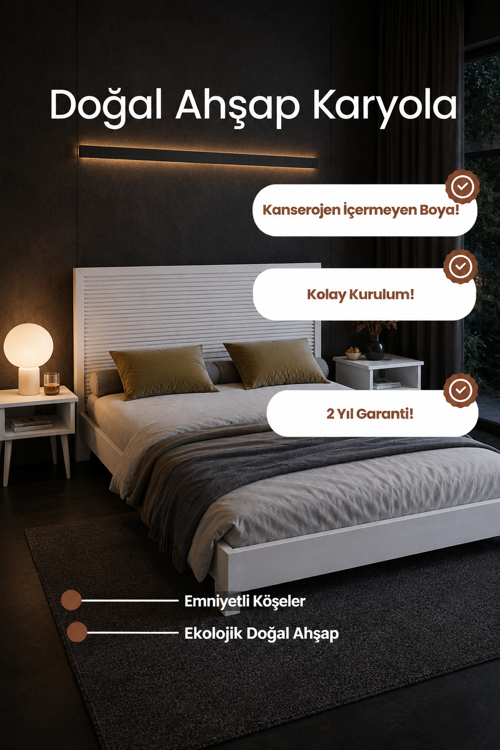 Alaz Model Yatay Başlıklı Masif Ahşap Karyola Kolay Kurulum Fırınlanmış İthal Sibirya Çamı 140x200 Yatak Uyumlu