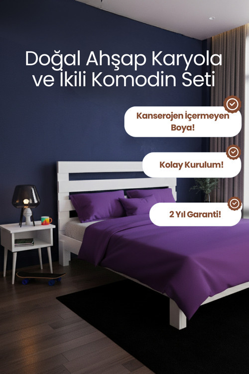 Urban Model Masif Ahşap Karyola ve 2 Adet Komodin Kolay Kurulum Fırınlanmış İthal Sibirya Çamı 150x200 Yatak Uyumlu 2 Adet Komodin