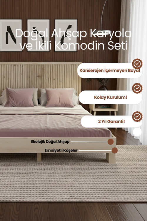 Alaz Model Dikey Başlıklı Masif Ahşap Karyola ve 2 Adet Komodin Kolay Kurulum Fırınlanmış İthal Sibirya Çamı 180x200 Yatak Uyumlu 2 Adet Komodin