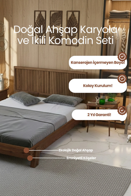 Alaz Model Dikey Başlıklı Masif Ahşap Karyola ve 2 Adet Komodin Kolay Kurulum Fırınlanmış İthal Sibirya Çamı 140x200 Yatak Uyumlu 2 Adet Komodin