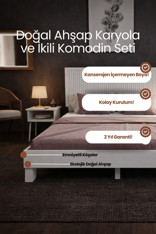 Alaz Model Dikey Başlıklı Masif Ahşap Karyola ve 2 Adet Komodin Kolay Kurulum Fırınlanmış İthal Sibirya Çamı 180x200 Yatak Uyumlu 2 Adet Komodin