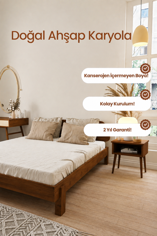 Damla Model 2 Başlıklı Masif Ahşap Karyola Kolay Kurulum Fırınlanmış İthal Sibirya Çamı 180x200 Yatak Uyumlu