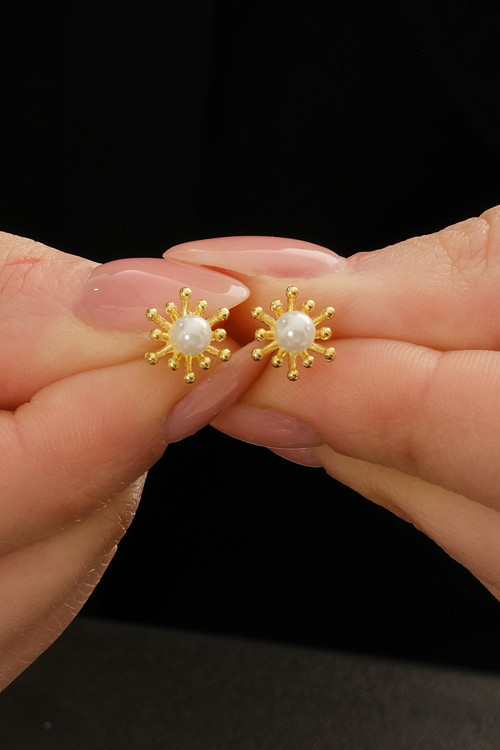 925 Ayar Gümüş Gold İncili Polen Küpe