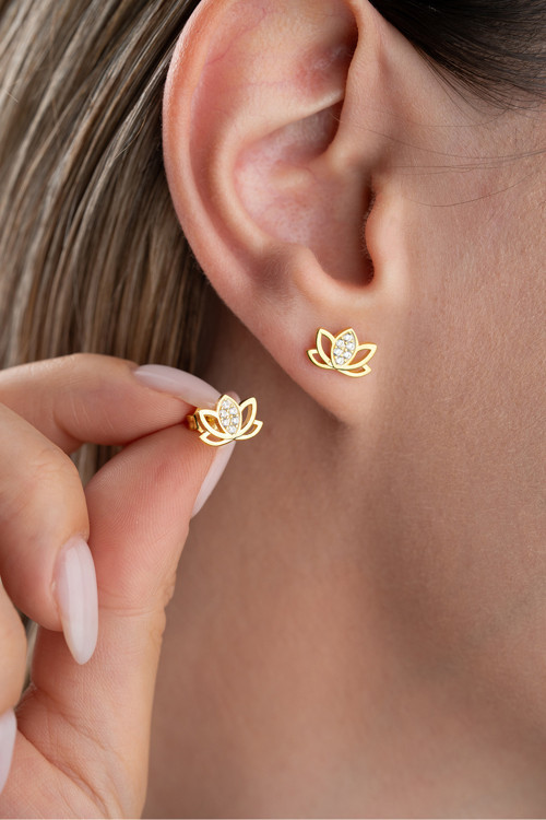 925 Ayar Gümüş Gold Kaplama Lotus Çiçeği Küpe