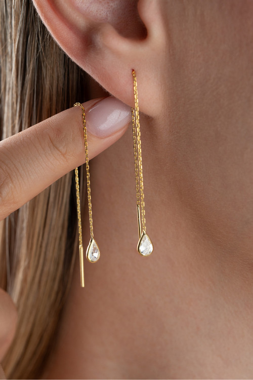 925 Ayar Gümüş Damla Taşlı Zincirli Küpe