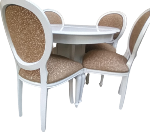 Masa-Sandalye 18572 Klasik Madalyon Model Kayın ayak Parlak beyaz Açıl MDF tabla