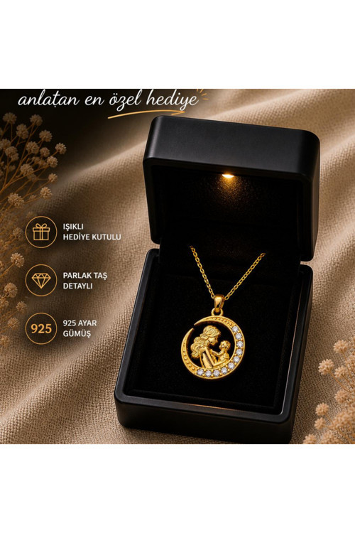 925 Ayar Gümüş Altın Kaplama Hilal Model Anne Bebek Kolye