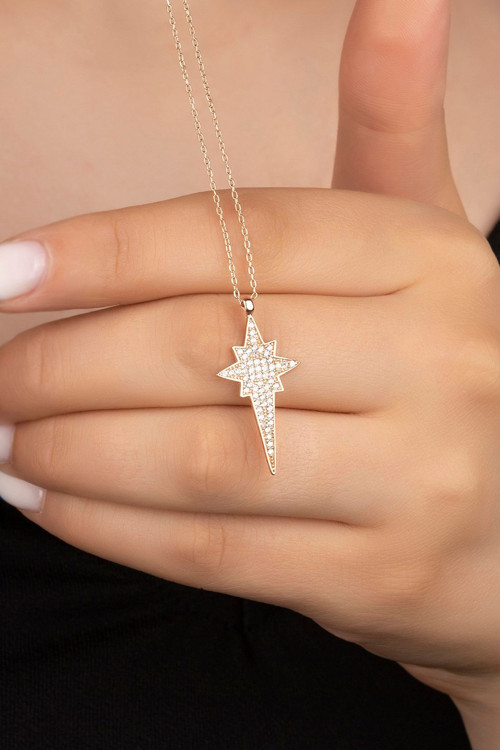925 Ayar Rose Zirkkon Taşlı Kutup Yıldızı Gümüş Kolye