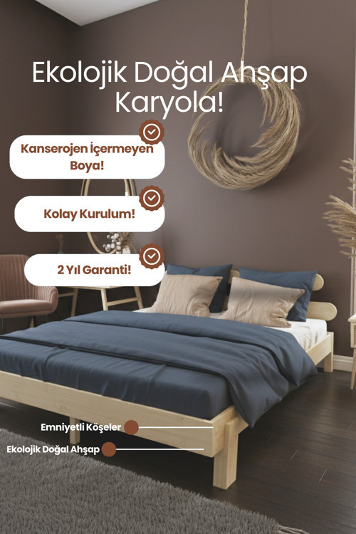 Damla Model 2 Başlıklı Masif Ahşap Karyola Kolay Kurulum Fırınlanmış İthal Sibirya Çamı 160x200 Yatak Uyumlu