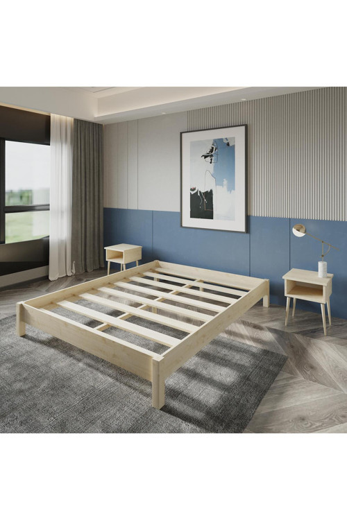 Loft Model Masif Ahşap Karyola ve 2 Adet Komodin Kolay Kurulum Fırınlanmış İthal Sibirya Çamı 150x200 Yatak Uyumlu 2 Adet Komodin