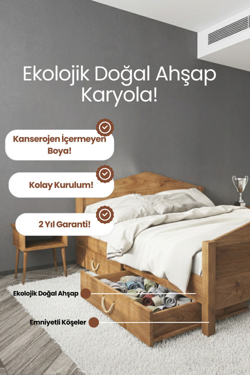 Mi̇lano Piramit Model 2 Çekmeceli Masif Ahşap Karyola Kolay Kurulum Fırınlanmış İthal Sibirya Çamı 90x190 Yatak Uyumlu