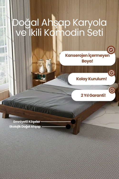 Ebruli̇ Model Dikey Başlıklı Masif Ahşap Karyola ve 2 Adet Komodin Kolay Kurulum Fırınlanmış İthal Sibirya Çamı 200x200 Yatak Uyumlu 2 Adet Komodin