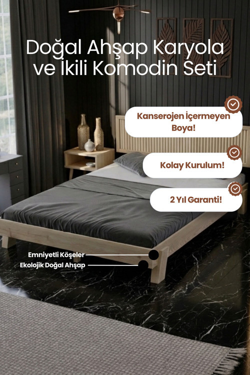 Ebruli̇ Model Dikey Başlıklı Masif Ahşap Karyola ve 2 Adet Komodin Kolay Kurulum Fırınlanmış İthal Sibirya Çamı 140x190 Yatak Uyumlu 2 Adet Komodin